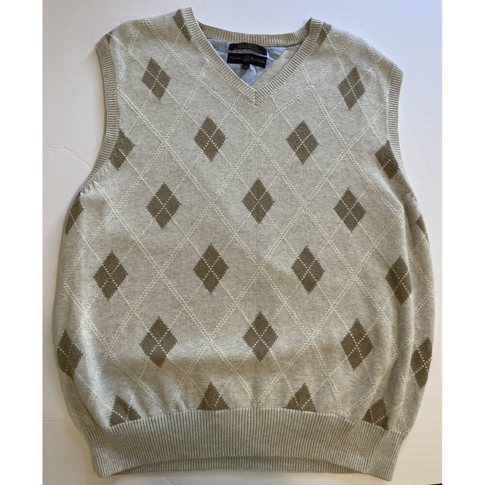VNTG Tommy Hilfiger Golf Argyle Sweater Vest XL Beige Brown 100% Cotton V-Neck
